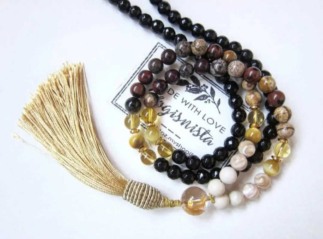 108 Imperial Goddess Mala Necklace in Citrine, Jasper, Onyx.