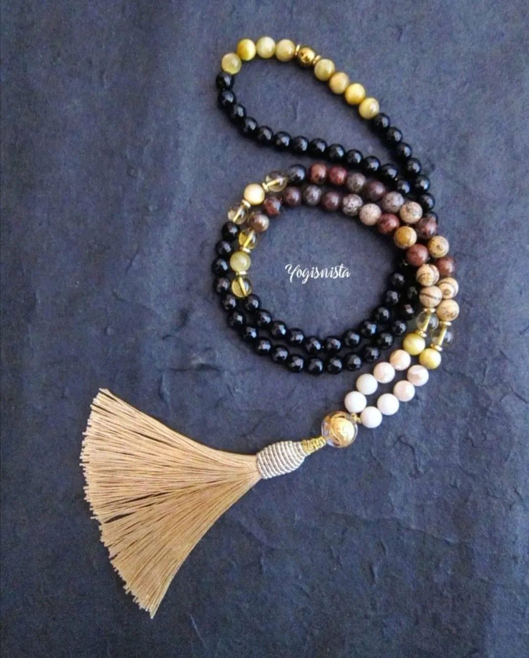 108 Imperial Goddess Mala Necklace in Citrine, Jasper, Onyx.