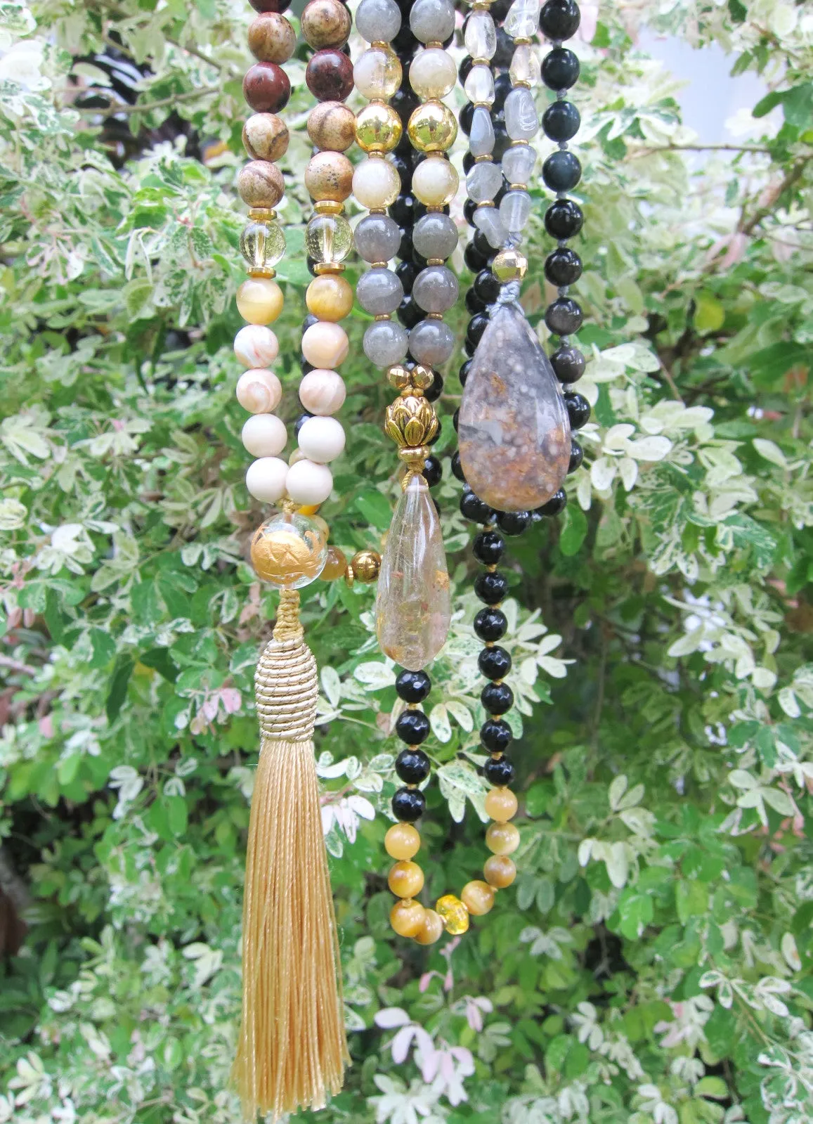 108 Imperial Goddess Mala Necklace in Citrine, Jasper, Onyx.