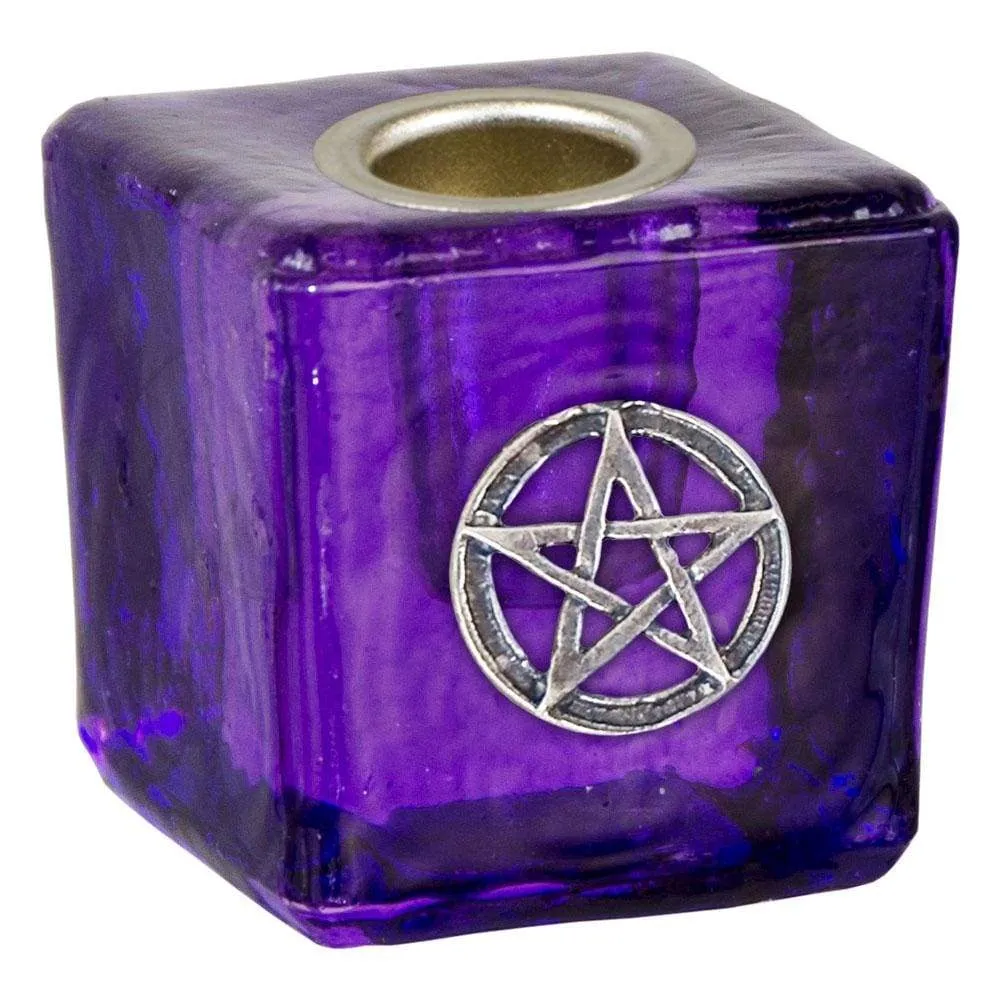 1.25" Mini Glass Candle Holder Cube - Purple Pentacle