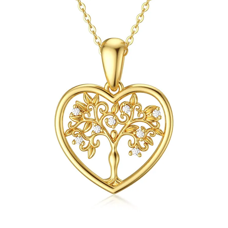 14K Solid Yellow Gold Tree of Life Necklace Dainty Pendant Necklace with Moissanite, Heart Necklace in 18 Inch for Women