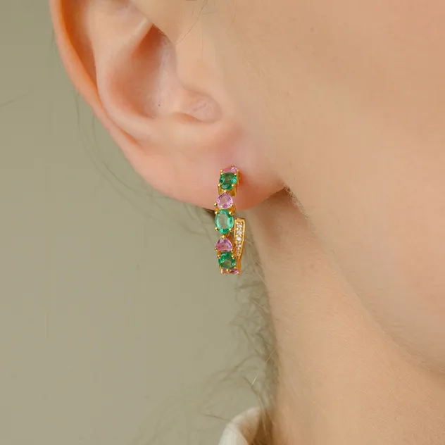 14K Yellow Gold Emerald and Pink Sapphire Earrings