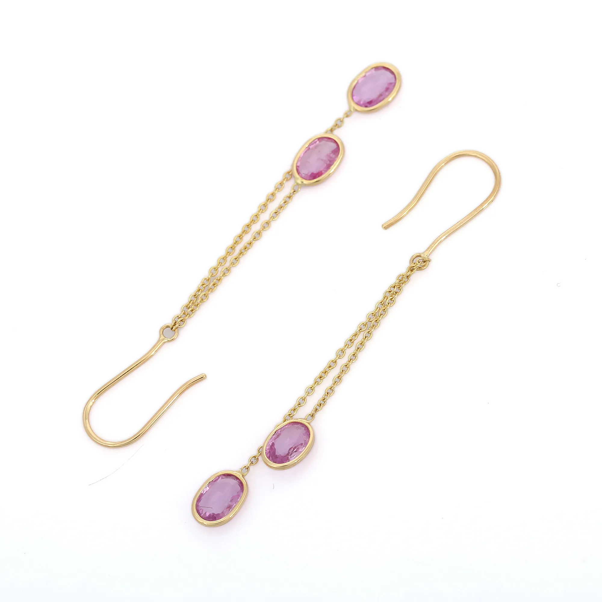 18K Gold Pink Sapphire Chain Dangle Earrings