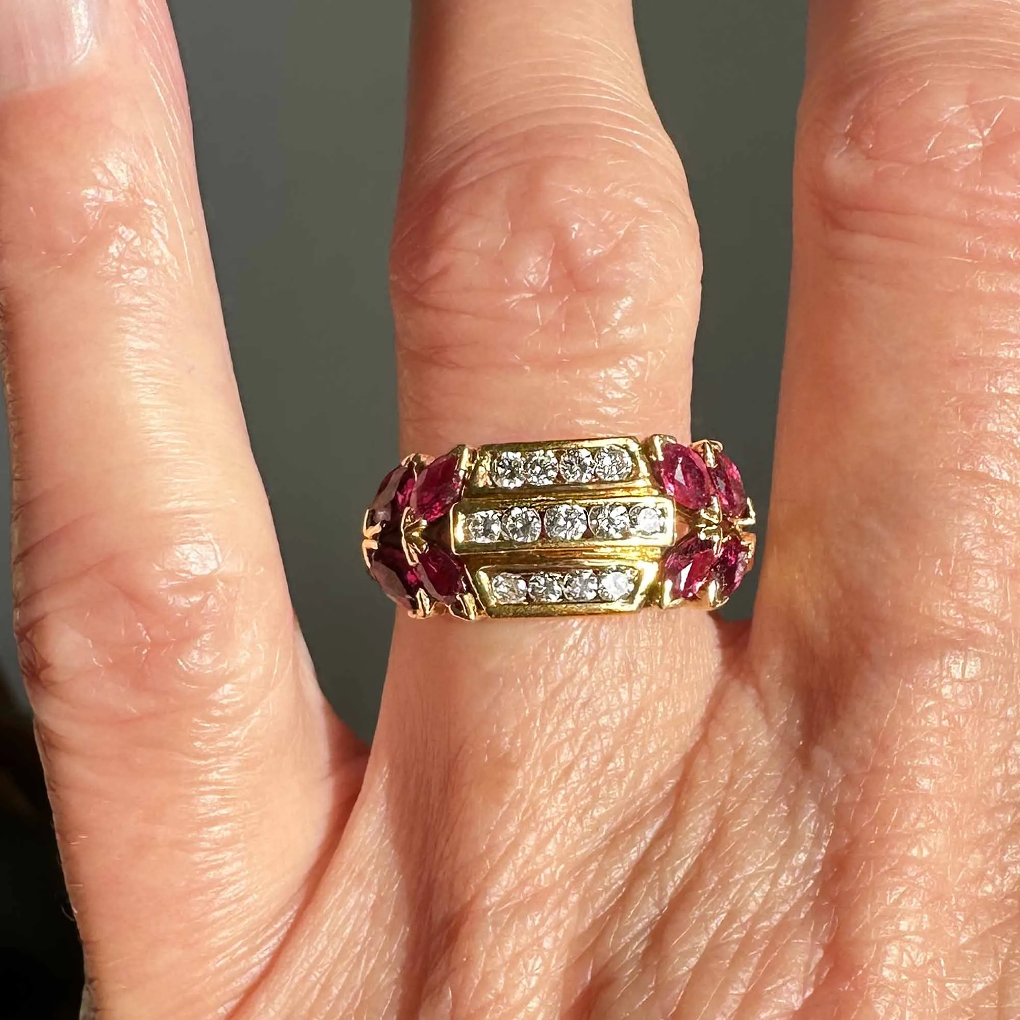 18K Gold Three Row Diamond Marquise Ruby Ring, 1940s