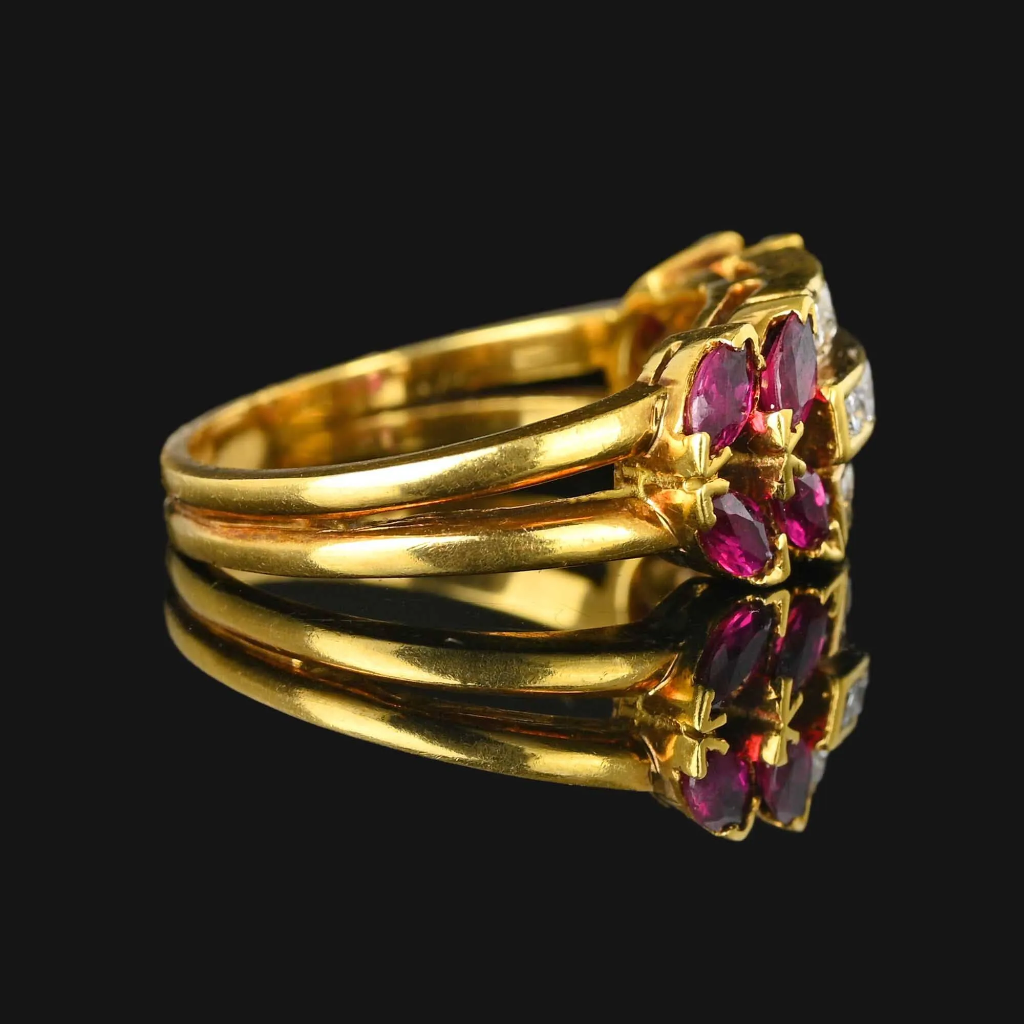 18K Gold Three Row Diamond Marquise Ruby Ring, 1940s