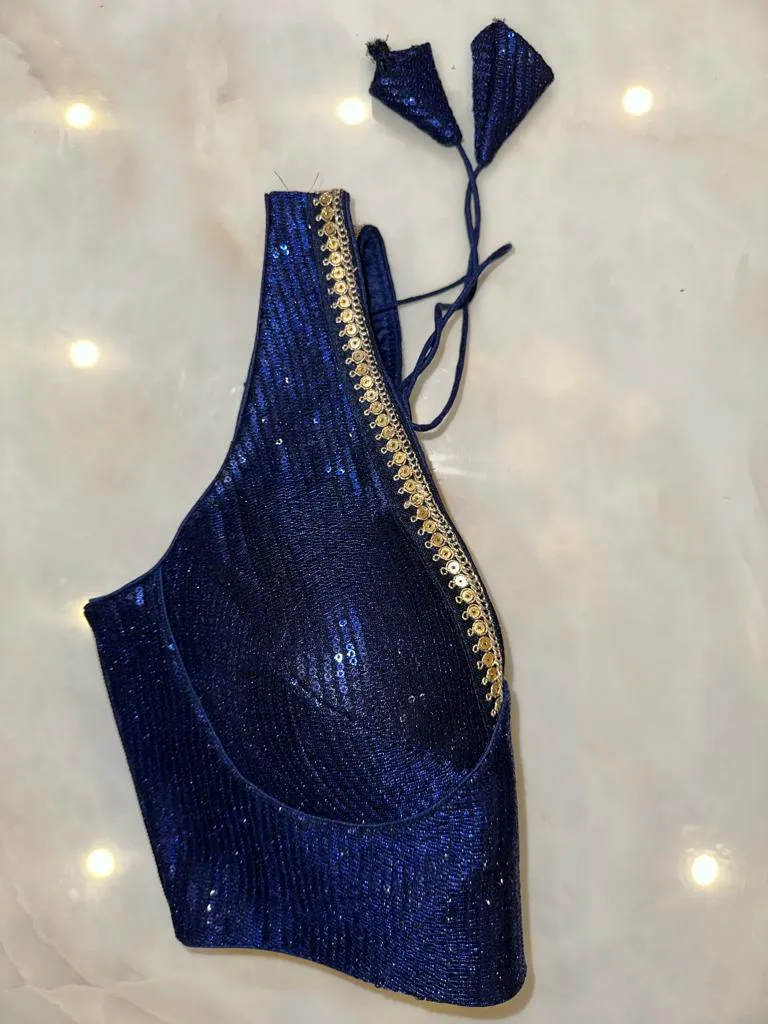 50V518-RO Navy Blue Sequin Saree Blouse With Sequin Lace