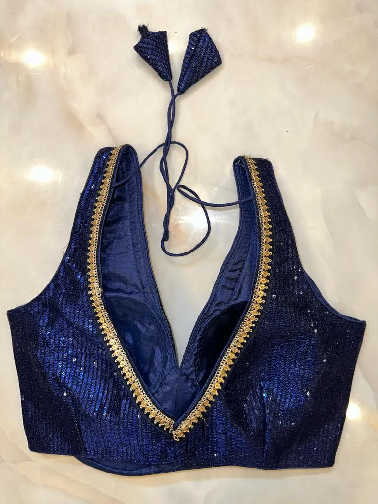 50V518-RO Navy Blue Sequin Saree Blouse With Sequin Lace