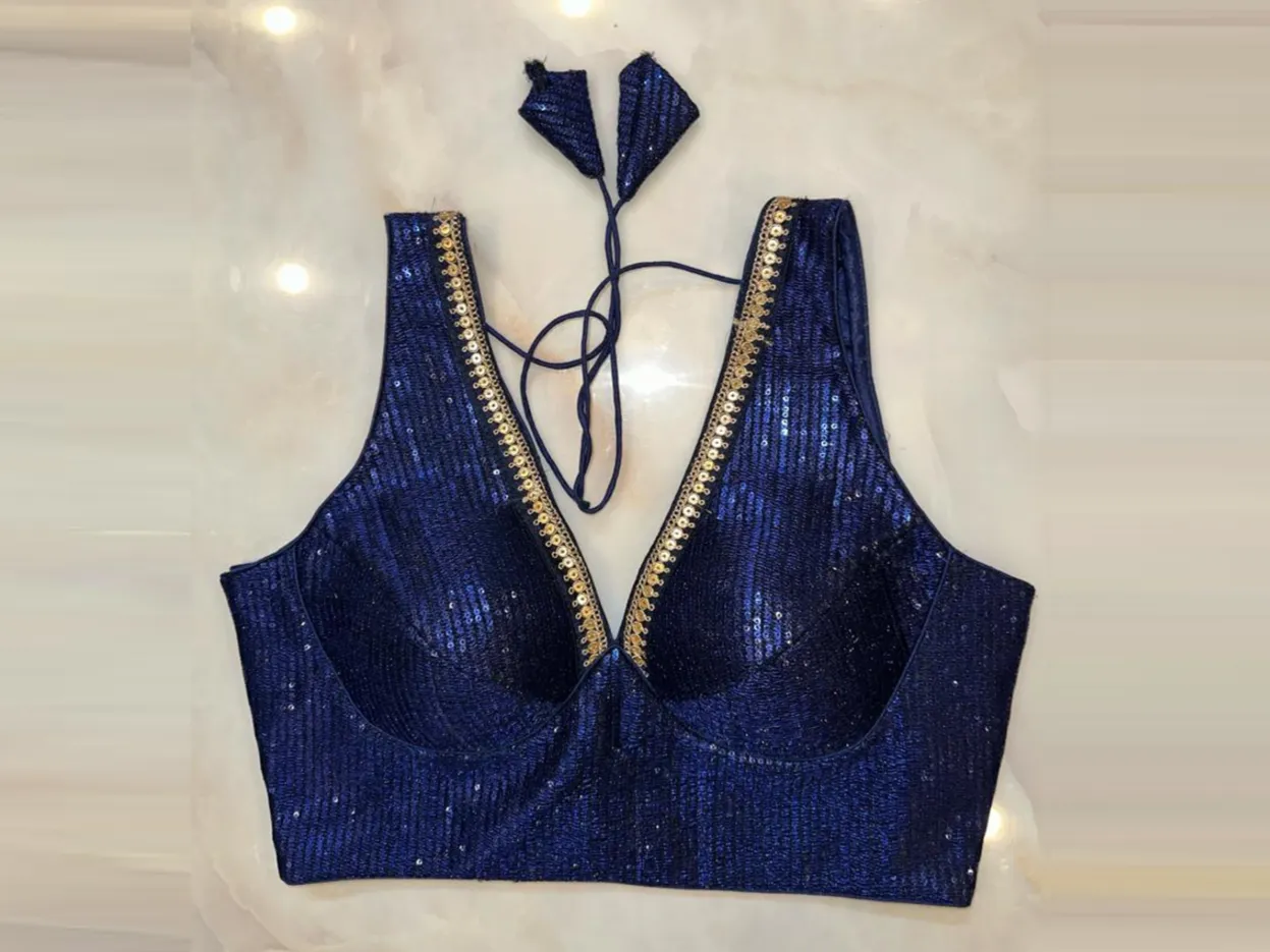 50V518-RO Navy Blue Sequin Saree Blouse With Sequin Lace