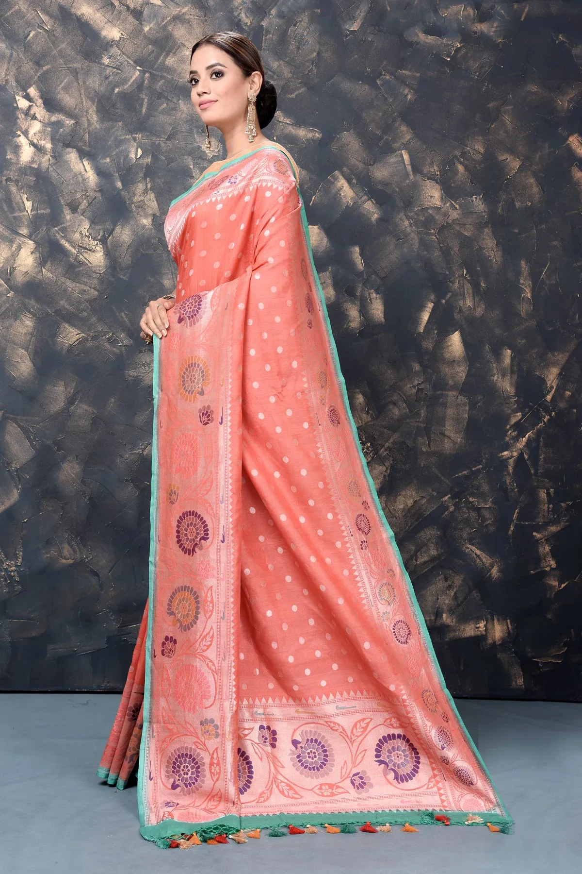 90L894-RO Coral Georgette Tussar Paithani Silk Saree with Zari Border