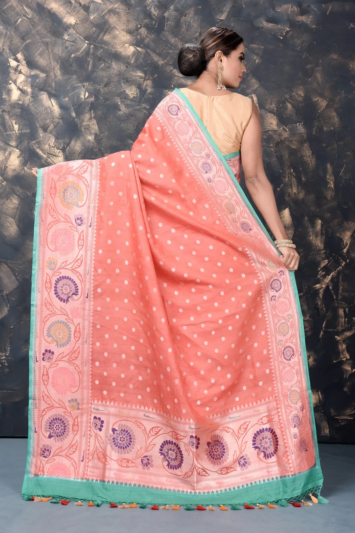 90L894-RO Coral Georgette Tussar Paithani Silk Saree with Zari Border