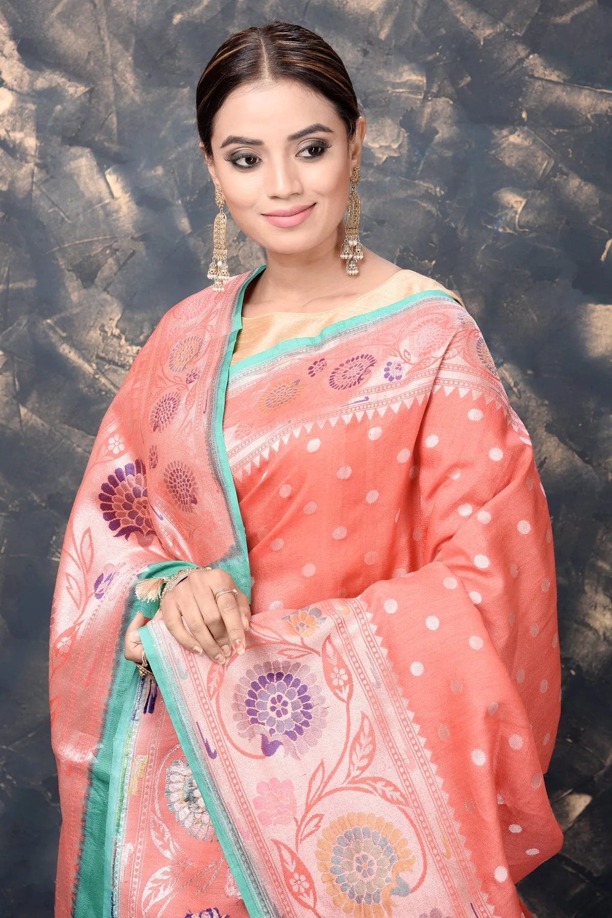 90L894-RO Coral Georgette Tussar Paithani Silk Saree with Zari Border