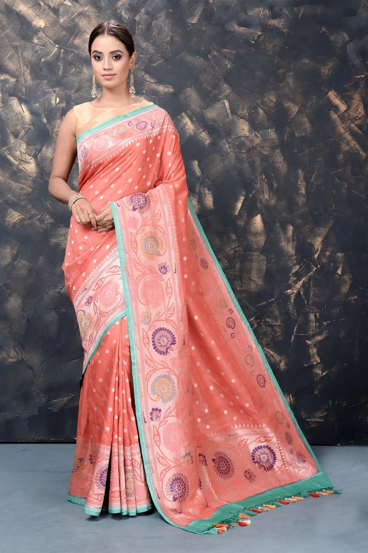 90L894-RO Coral Georgette Tussar Paithani Silk Saree with Zari Border