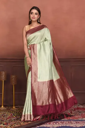 91A159-RO Mint Green Katan Banarasi Saree with Magenta Zari Border