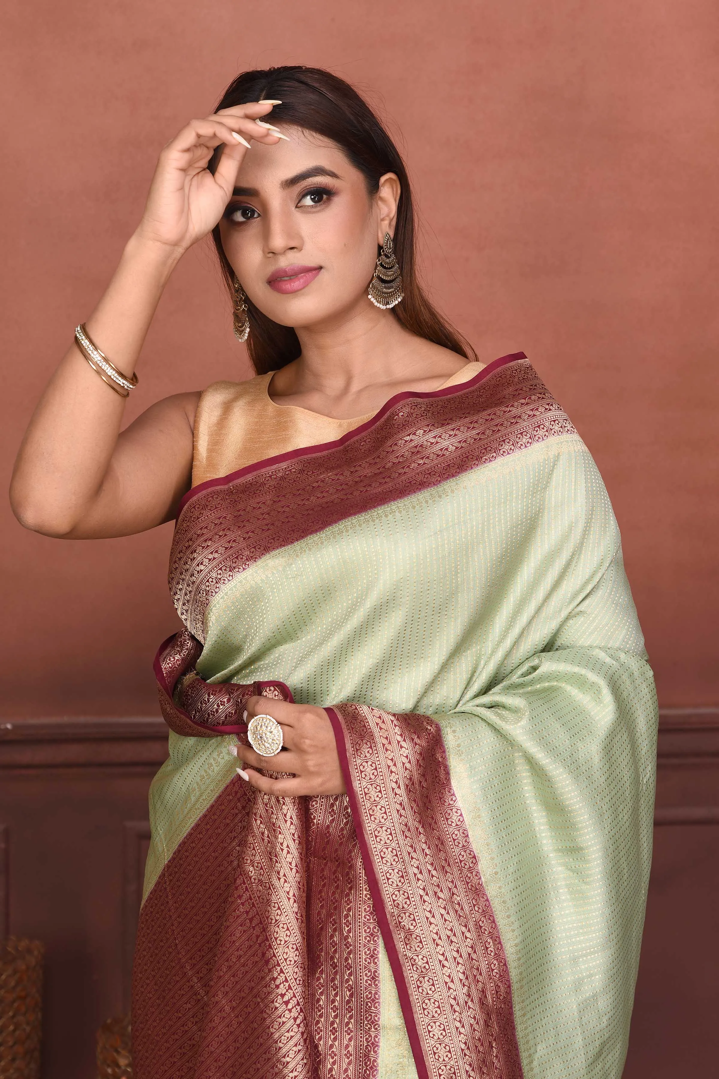 91A159-RO Mint Green Katan Banarasi Saree with Magenta Zari Border