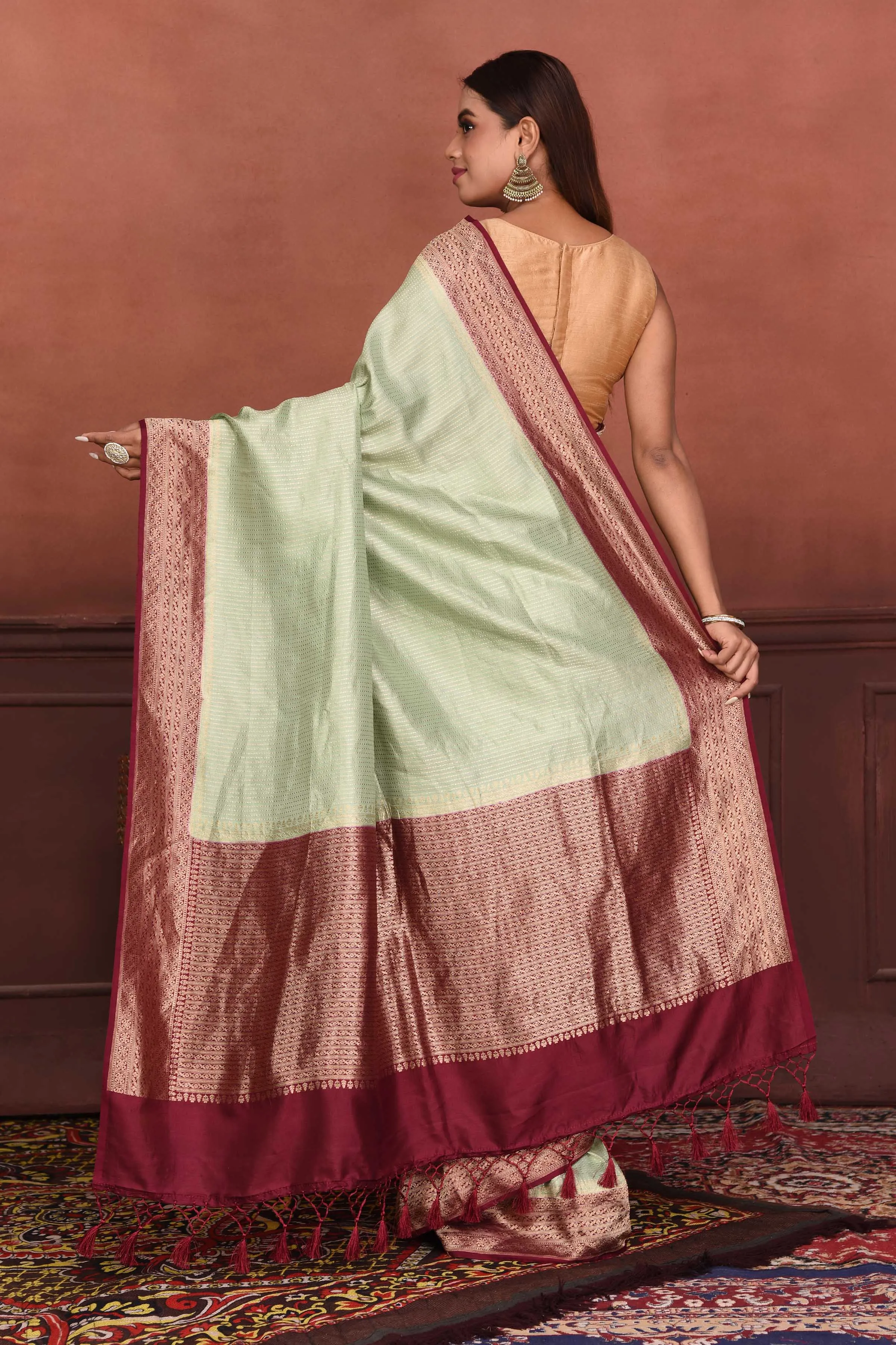 91A159-RO Mint Green Katan Banarasi Saree with Magenta Zari Border