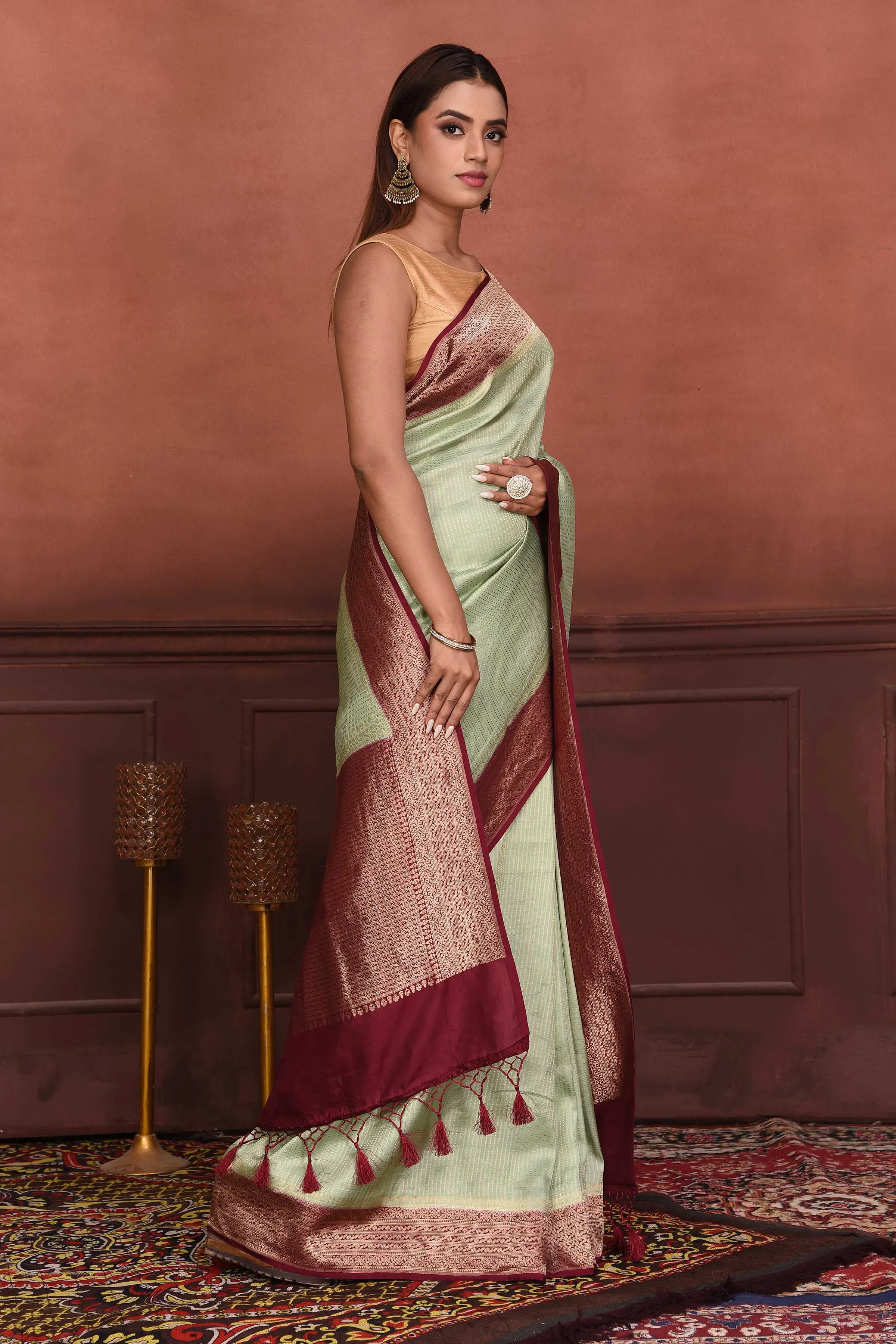 91A159-RO Mint Green Katan Banarasi Saree with Magenta Zari Border