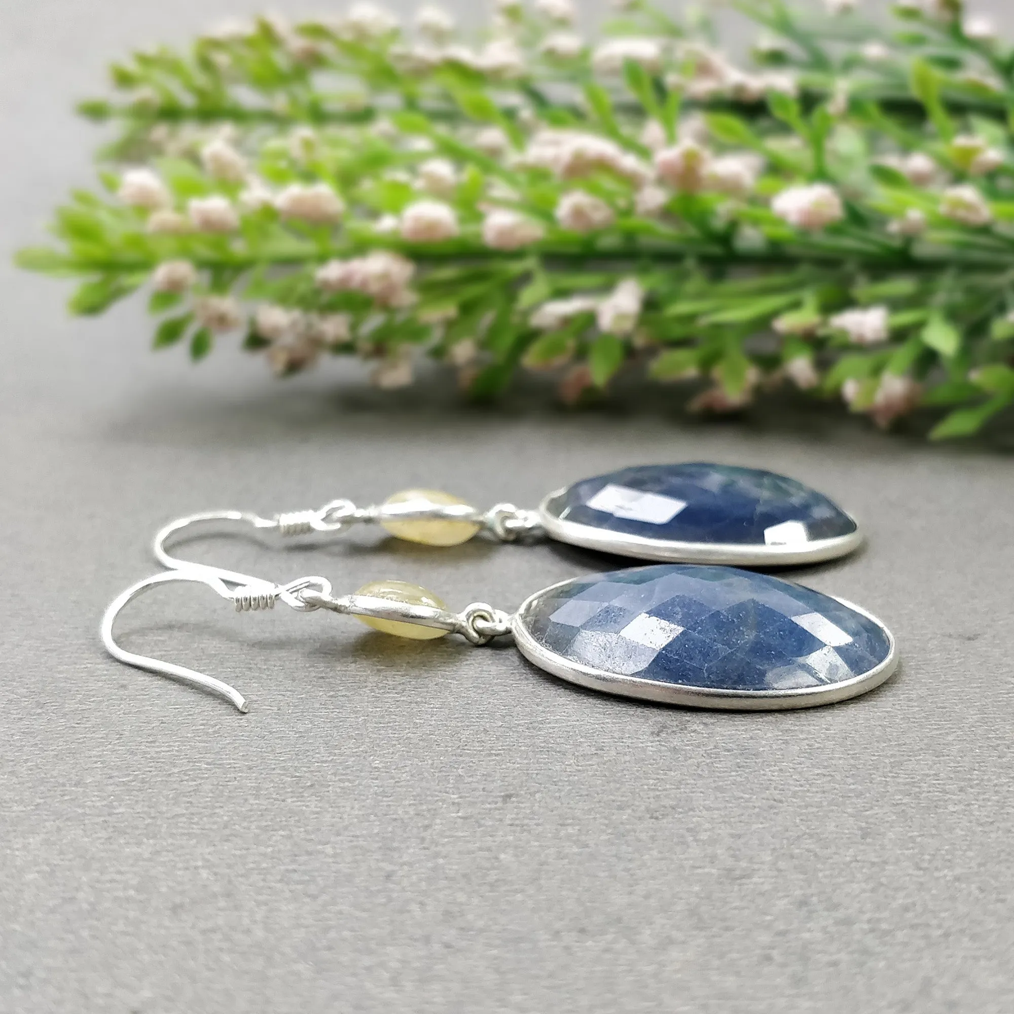 925 Sterling Silver BLUE YELLOW SAPPHIRE Bezel Set Earrings : 12.50gms Natural Untreated Drop Dangle Hook Earrings 2.25"