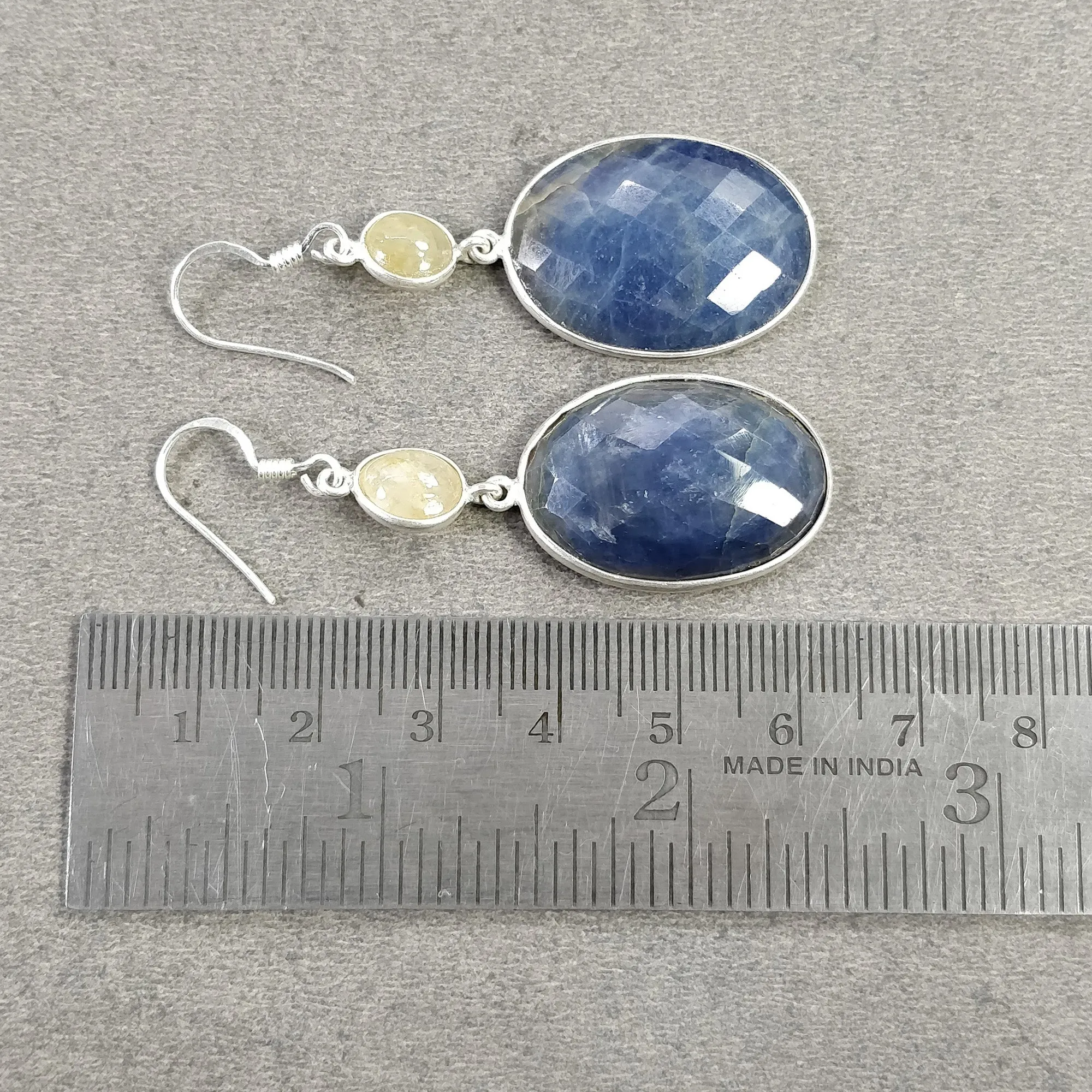 925 Sterling Silver BLUE YELLOW SAPPHIRE Bezel Set Earrings : 12.50gms Natural Untreated Drop Dangle Hook Earrings 2.25"