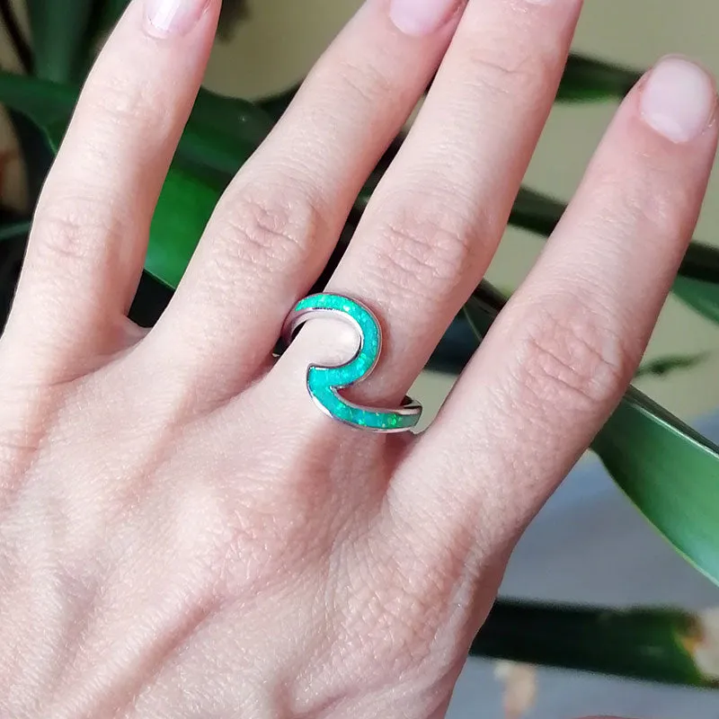 925 Sterling Silver Wave Ring Ocean Beach Lab Created Green Opal. Silver Ring sizes 5-10