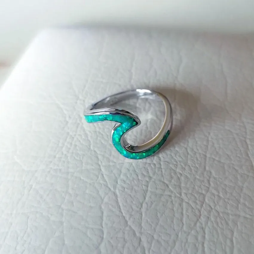 925 Sterling Silver Wave Ring Ocean Beach Lab Created Green Opal. Silver Ring sizes 5-10