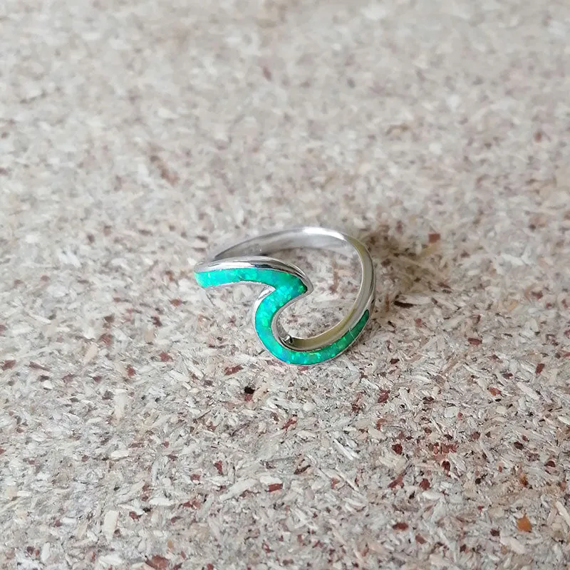 925 Sterling Silver Wave Ring Ocean Beach Lab Created Green Opal. Silver Ring sizes 5-10