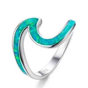 925 Sterling Silver Wave Ring Ocean Beach Lab Created Green Opal. Silver Ring sizes 5-10