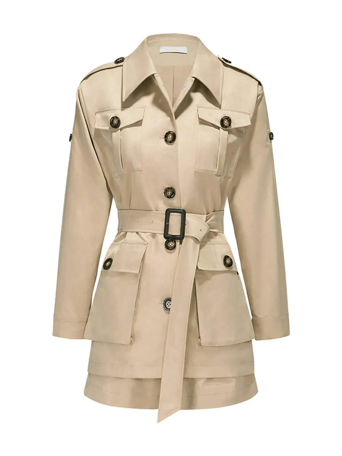 Ailsa Tan Belted Long Sleeve Trench Jacket & Shorts Set