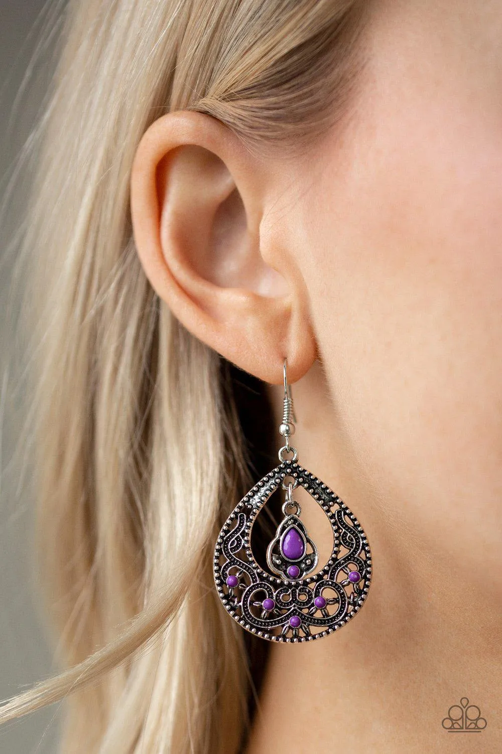 All-Girl Glow Purple and Silver Teardrop Earrings - Paparazzi Accessories