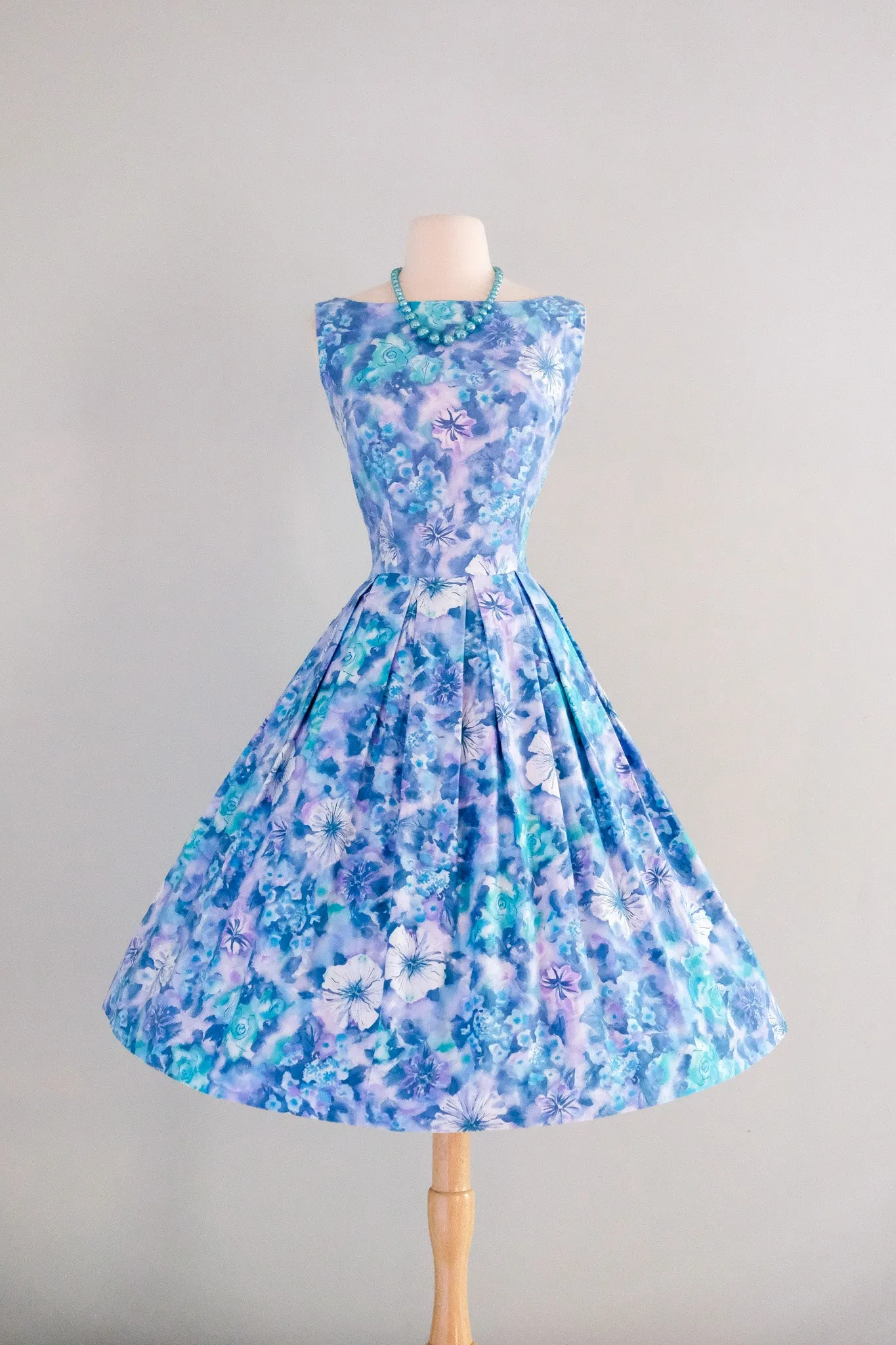 Beautiful 1950's Periwinkle Haze Watercolor Floral Cotton Day Dress / Sz M