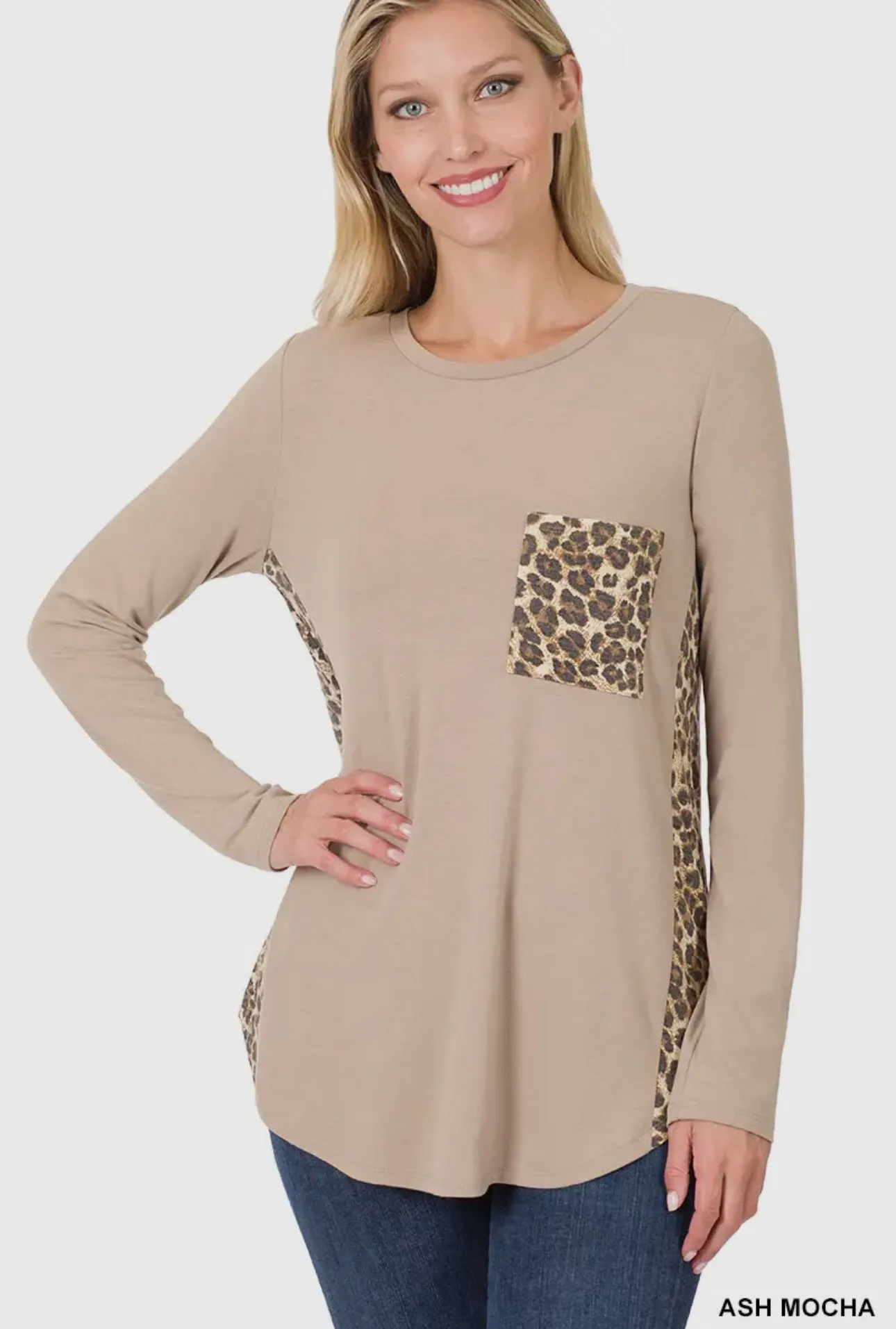 Contrast Side Panel Leopard Front Pocket Top