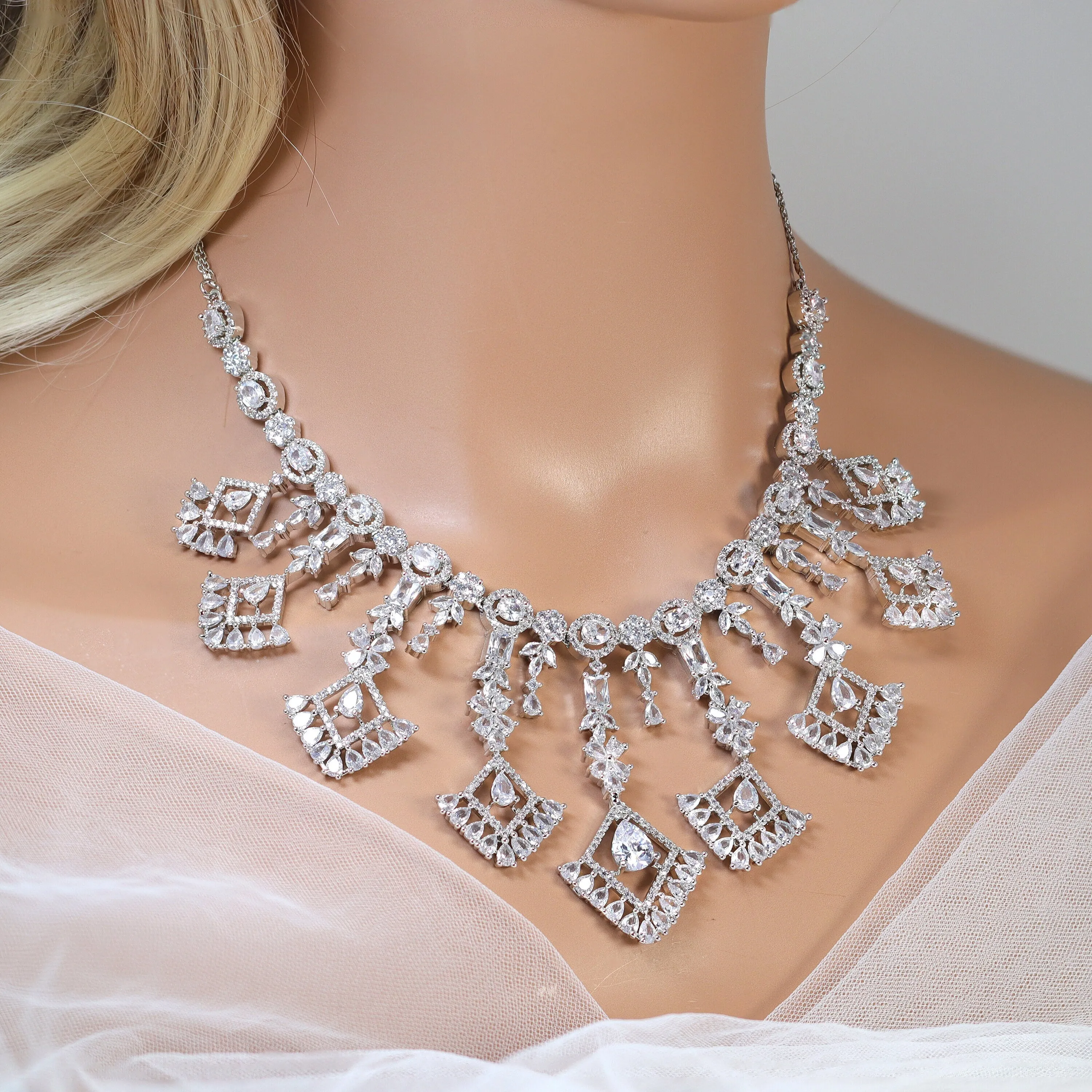 Cz Chandelier Statement Necklace set, Gift for her, Bride Necklace, Mother Of Bride/Groom Necklace Set Cz.