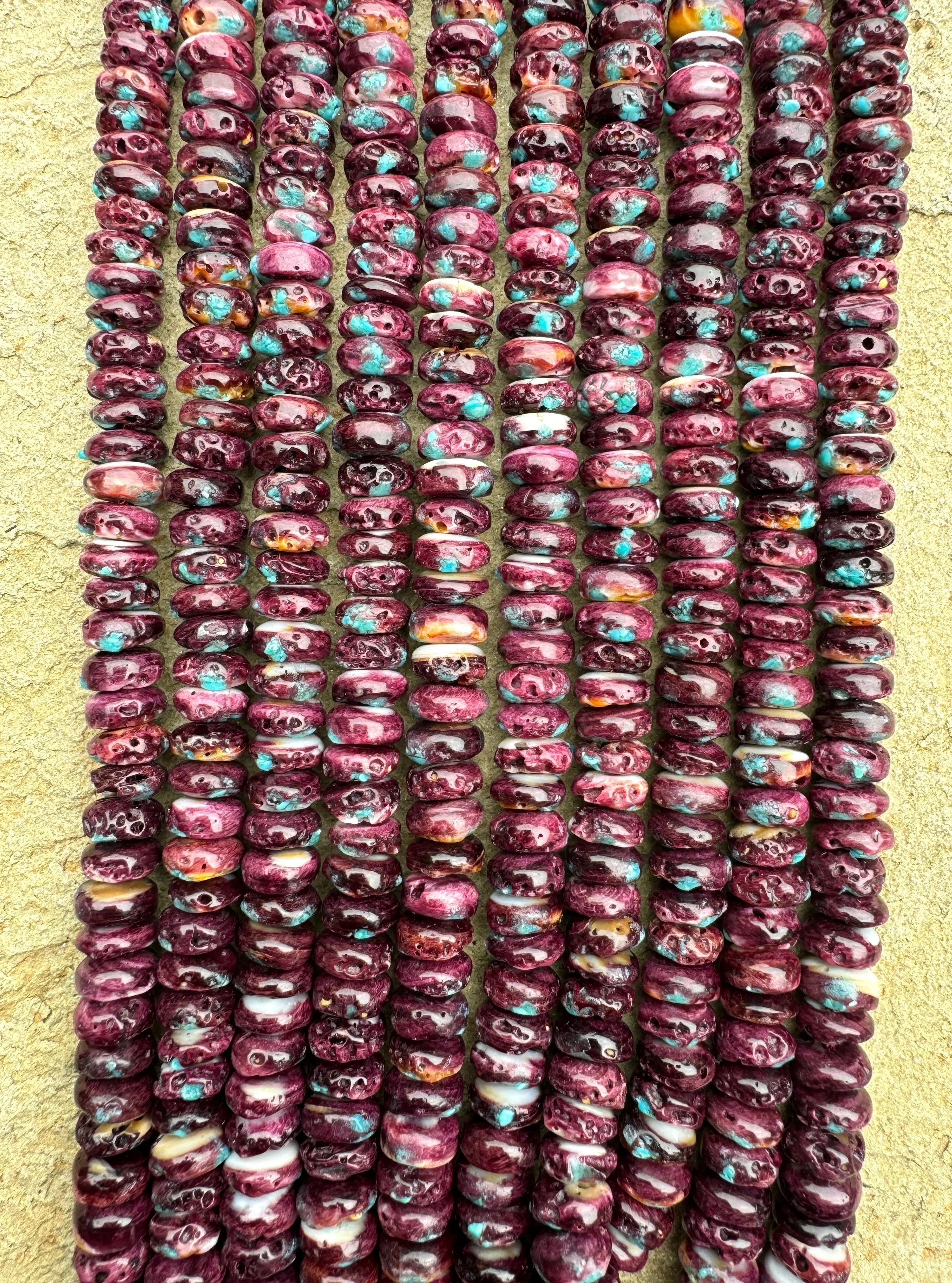 Dark Purple Spiny Oyster with Turquoise inlay 8mm Rondelle Beads, (16 inch strand)