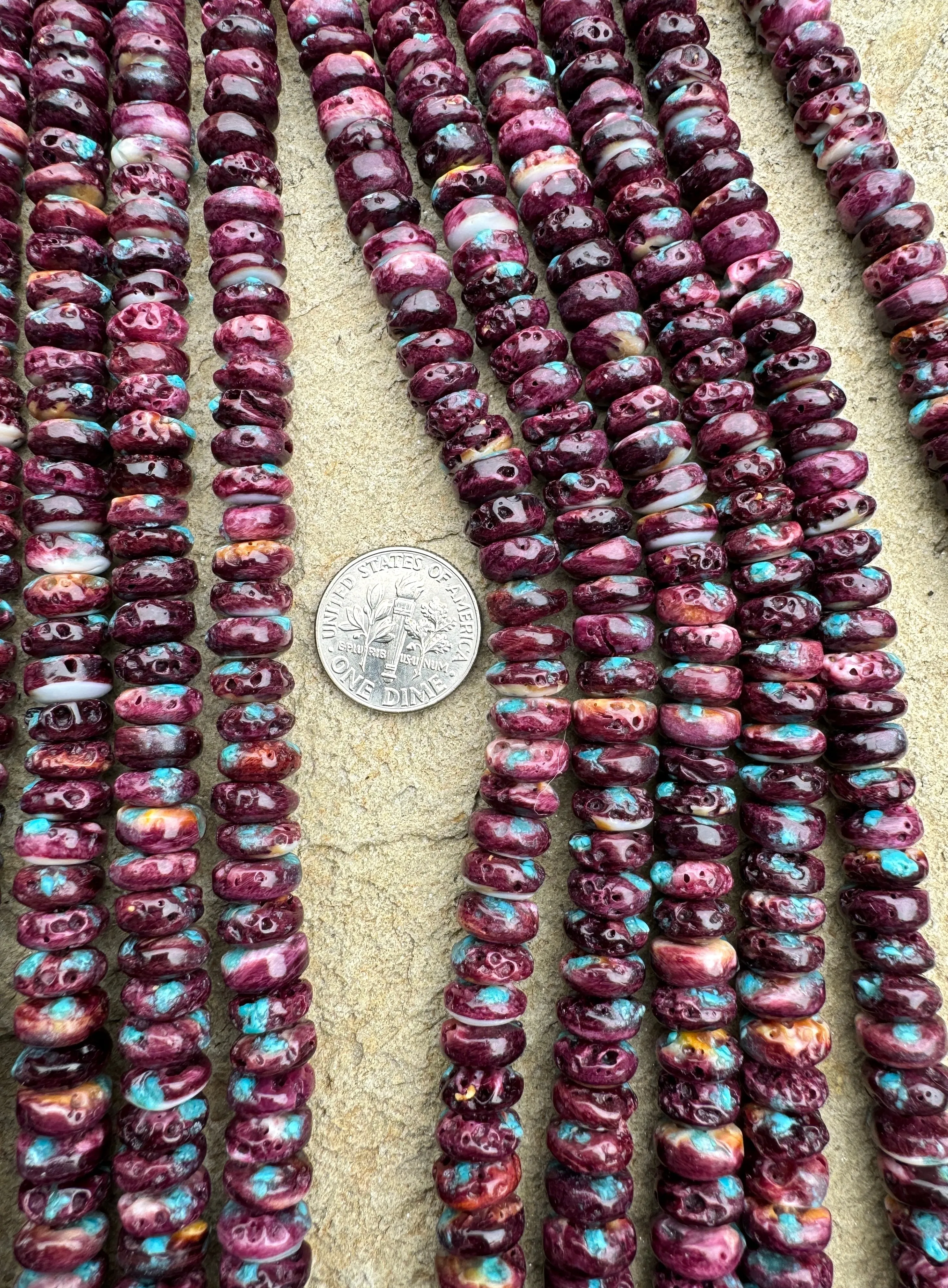 Dark Purple Spiny Oyster with Turquoise inlay 8mm Rondelle Beads, (16 inch strand)