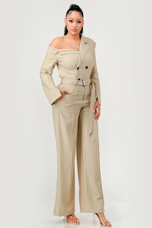 Double Breasted Trench Jumpsuit in Beige