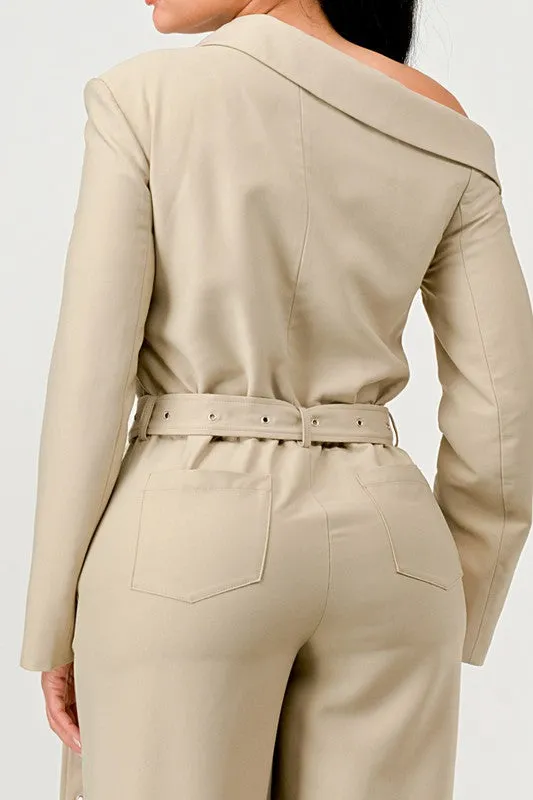 Double Breasted Trench Jumpsuit in Beige