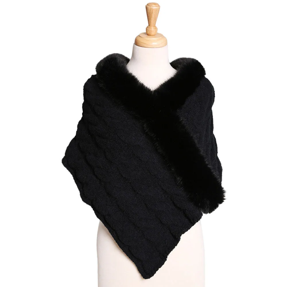 Faux Fur Pointed Cable Knit Shawl