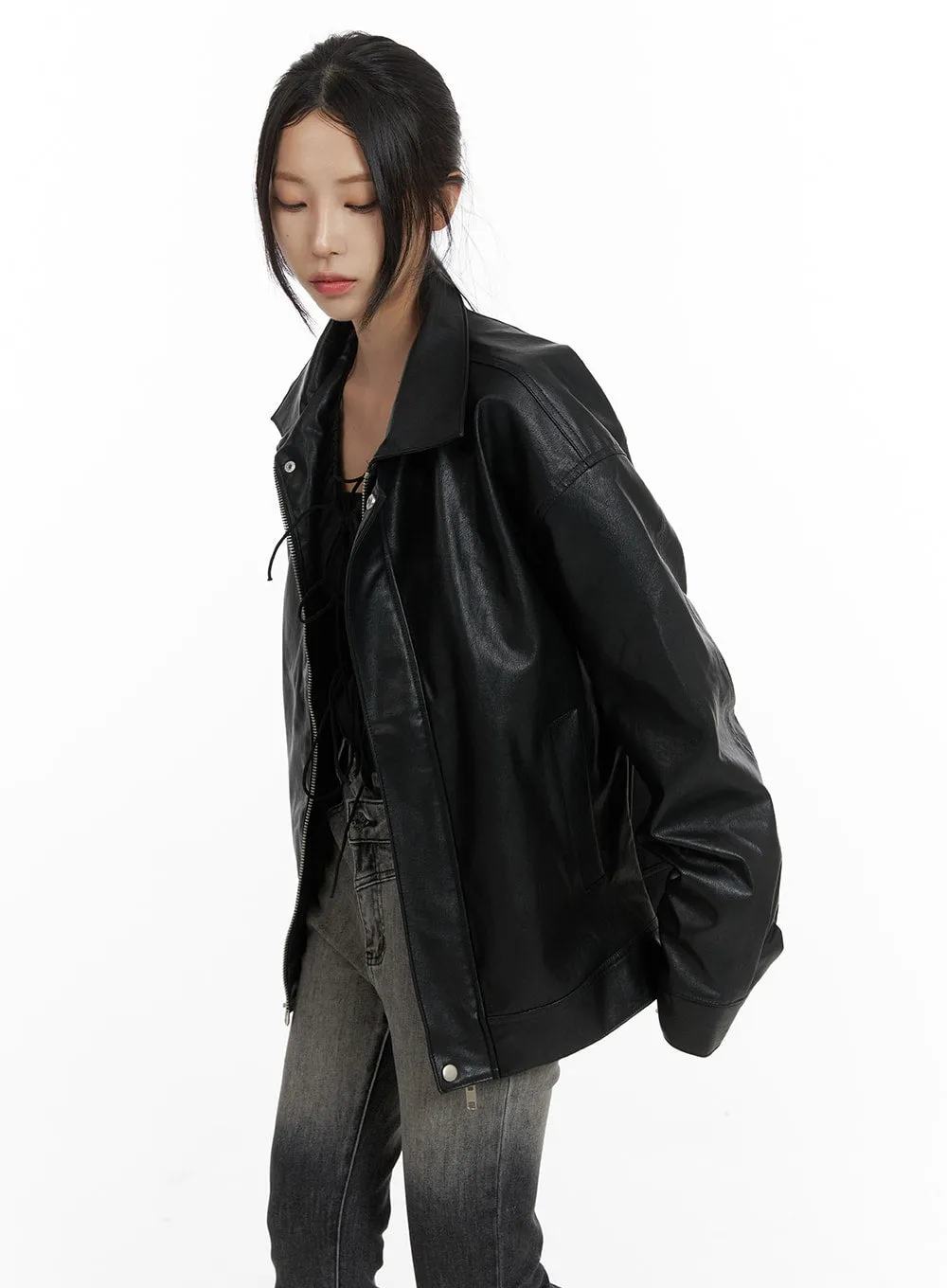 Faux Leather Zip-Up Jacket (UNISEX) CF428