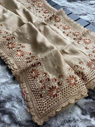 Golden Beige Pure Soft Matka Silk Cutwork Saree