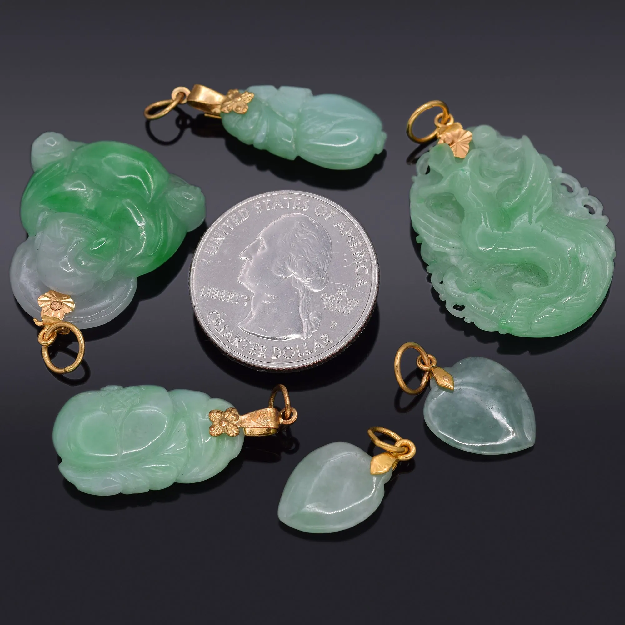 Green Jade Lot of 4 14K Yellow Gold Heart Buddha Phoenix & 2 GF Fruit Pendants