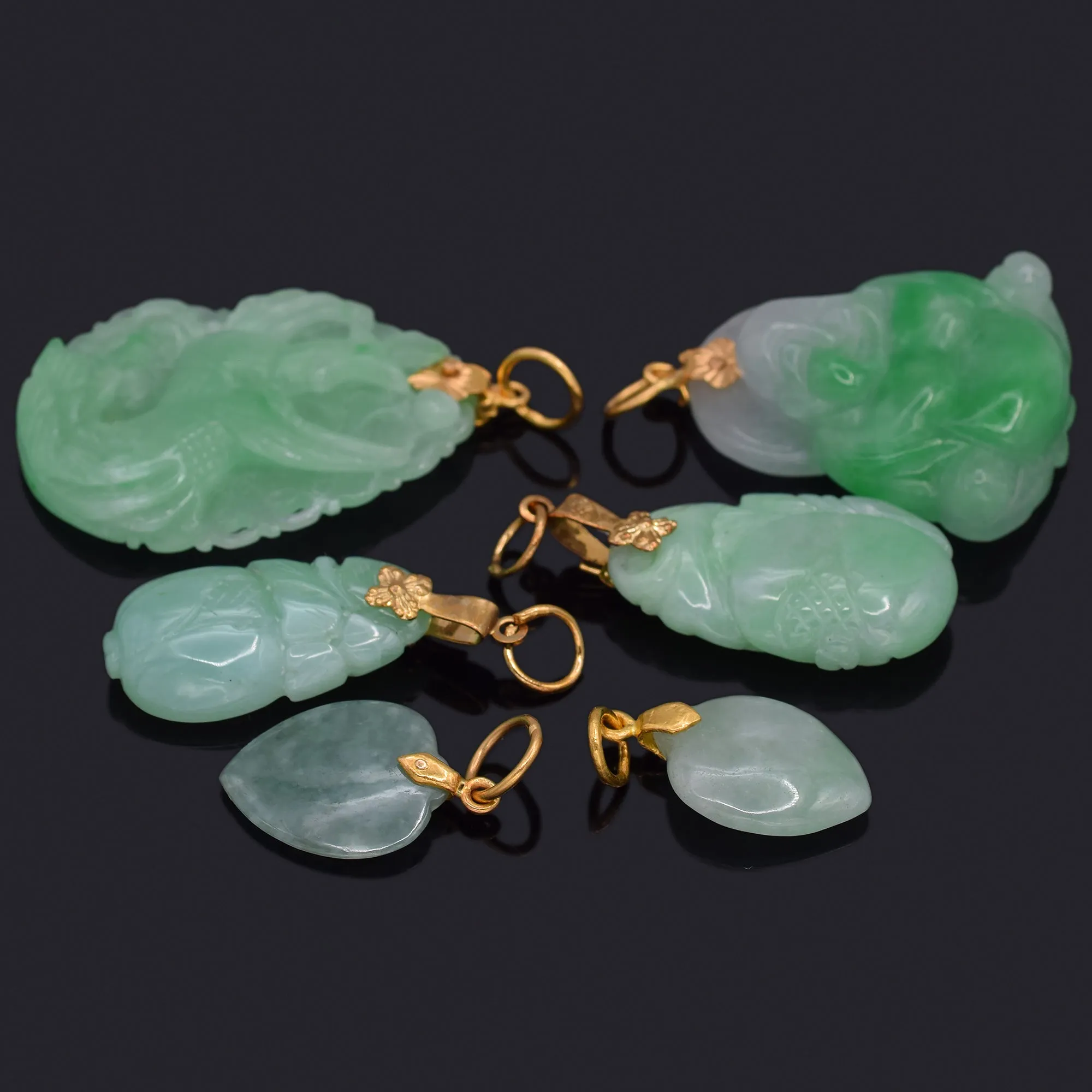 Green Jade Lot of 4 14K Yellow Gold Heart Buddha Phoenix & 2 GF Fruit Pendants