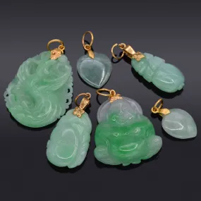 Green Jade Lot of 4 14K Yellow Gold Heart Buddha Phoenix & 2 GF Fruit Pendants