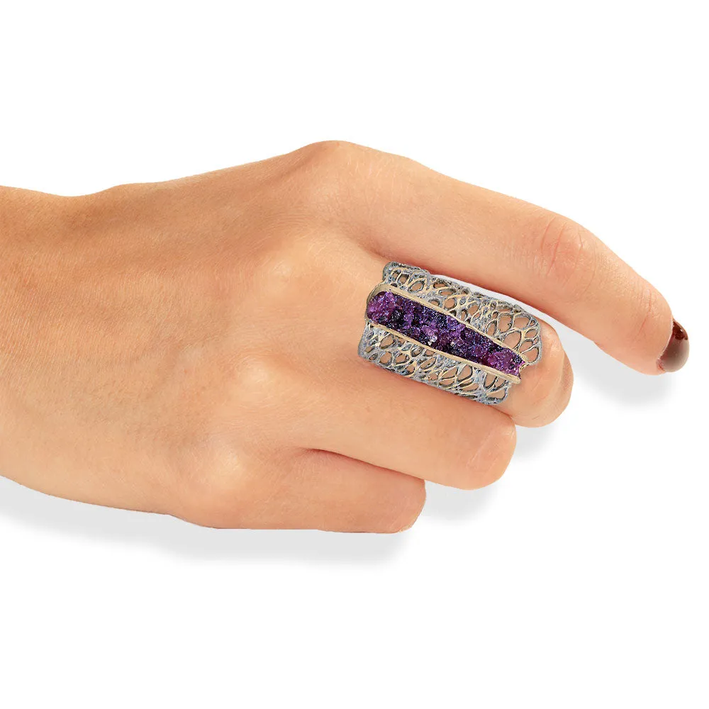 Handmade Silver Plated Ring Diamond Curved With Purple Crystals