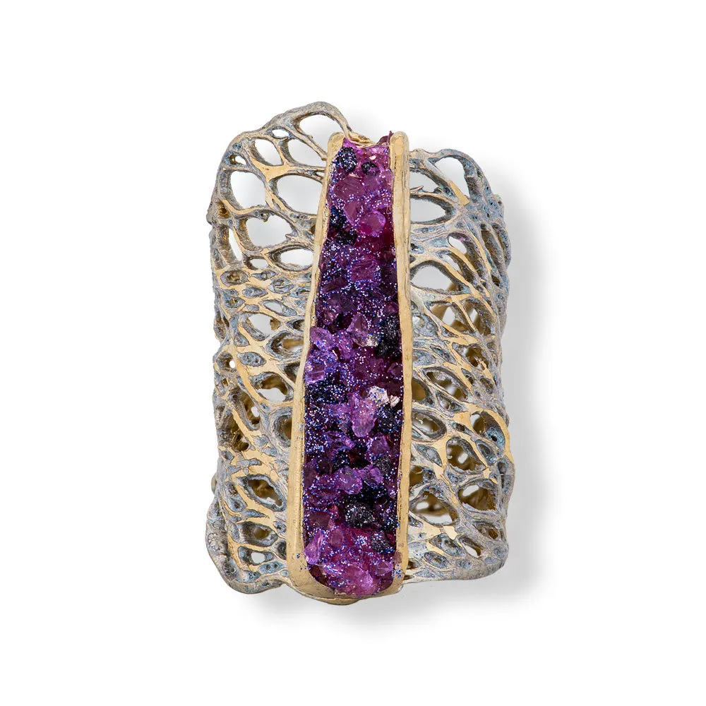 Handmade Silver Plated Ring Diamond Curved With Purple Crystals