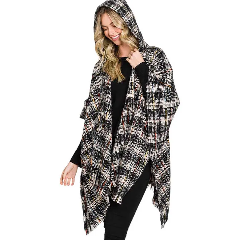 Hooded Plaid Check Patterned Front Pockets Fringe Ruana Poncho