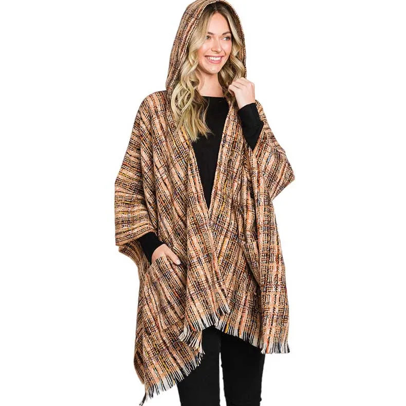 Hooded Plaid Check Patterned Front Pockets Fringe Ruana Poncho