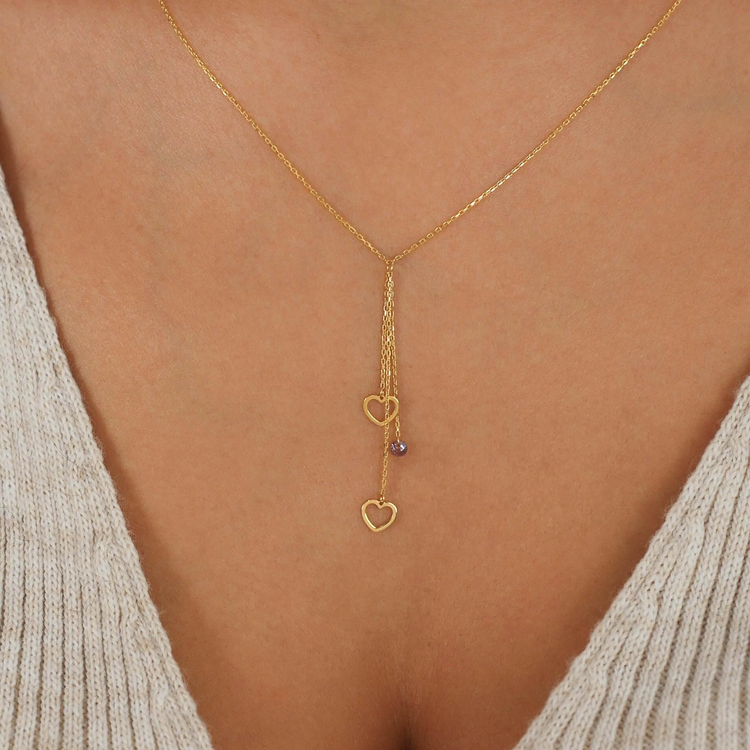 Lariat Heart Necklace | 14K Solid Gold