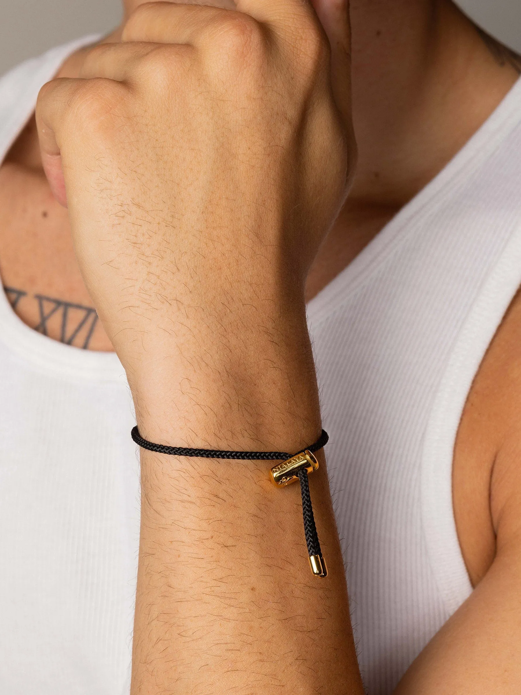 Men's Black String Bracelet with Adjustable Gold Lock