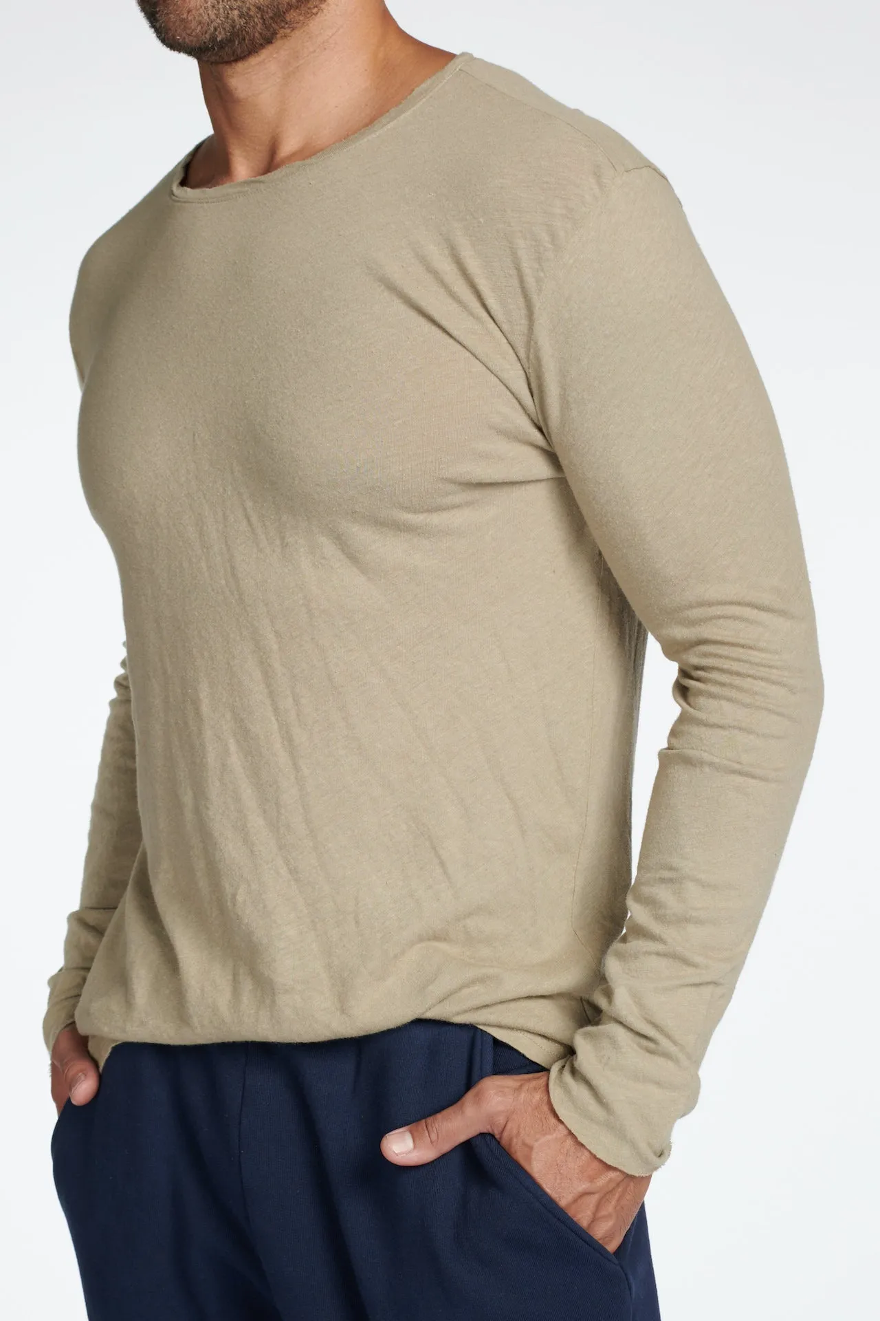 Men's Linen Blend Crew Neck Long Sleeve