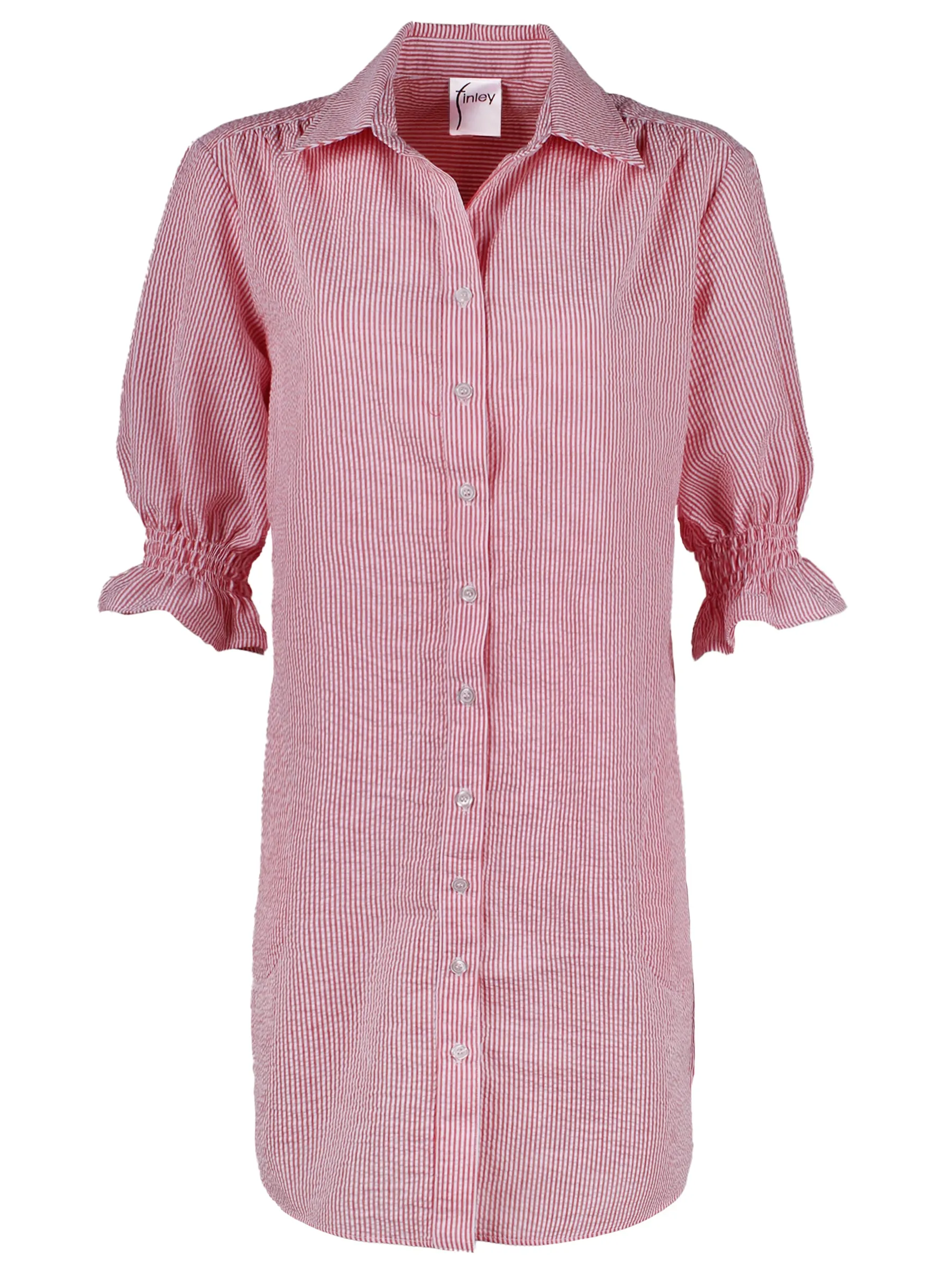 Miller Puff Sleeve Shirt Dress Coral Seersucker Stripe