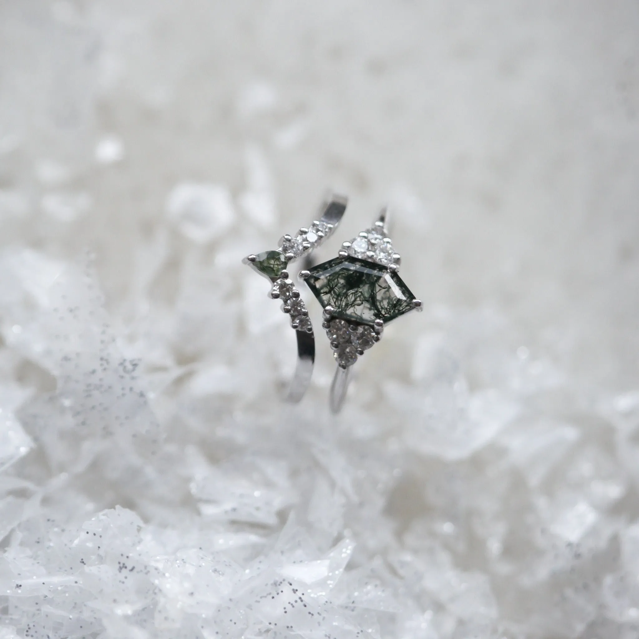 Phoenix Hexagon Moss Agate Ring Set With Accent Diamond